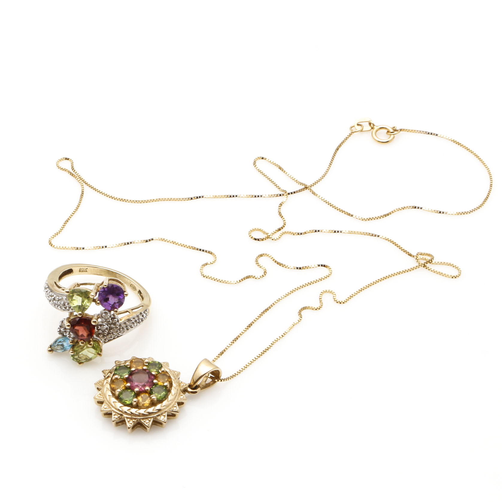 10K Yellow Gold Necklace and Ring With Diamonds and Semi-Precious Stones