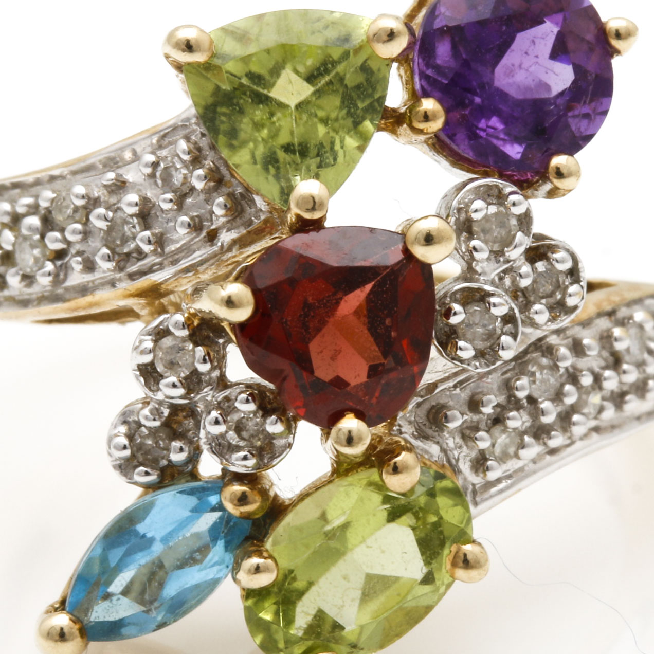 10K Yellow Gold Necklace and Ring With Diamonds and Semi-Precious Stones