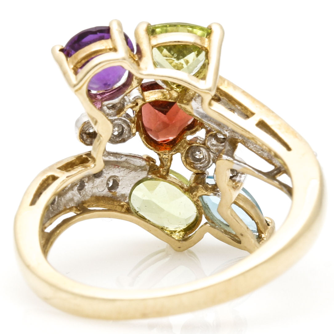 10K Yellow Gold Necklace and Ring With Diamonds and Semi-Precious Stones