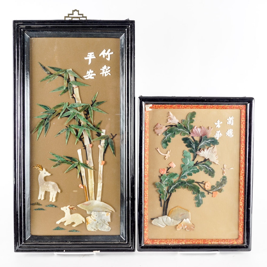 Pair of Chinese Mother-of-Pearl and Carved Stone Pictures