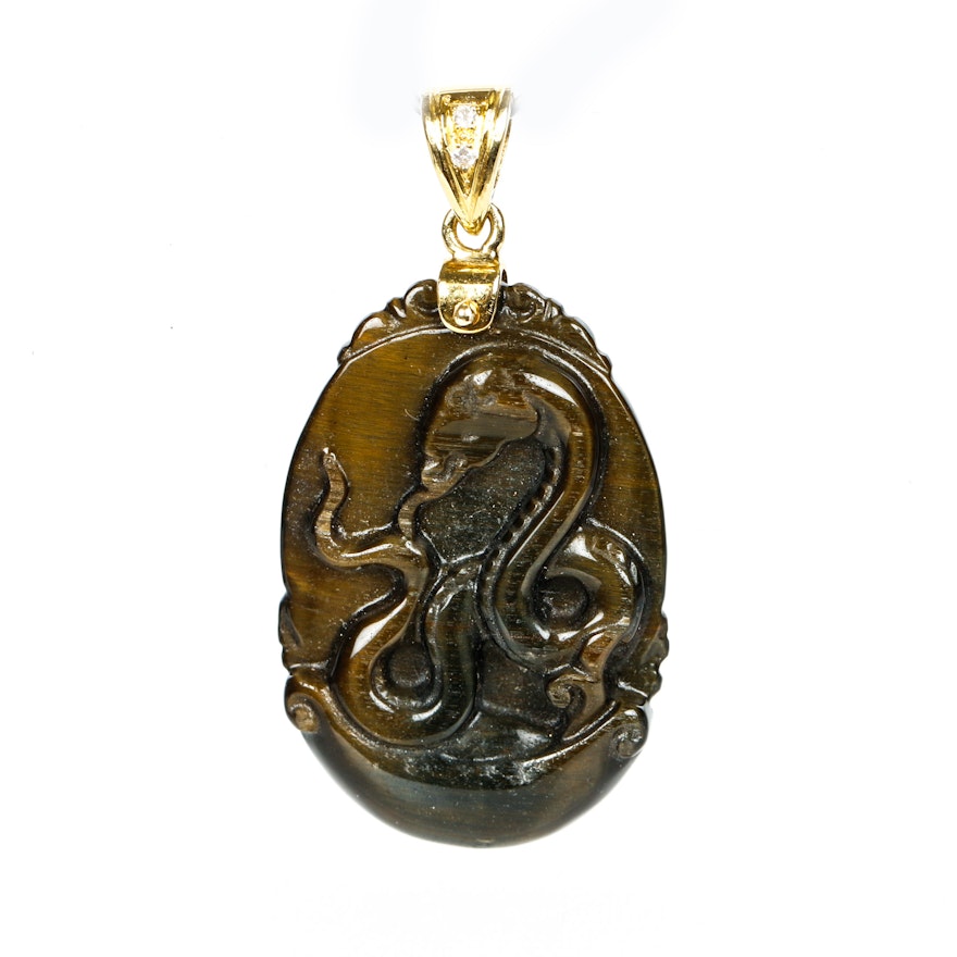 Vintage 18K Gold Diamond and Carved Tiger's Eye Pendant