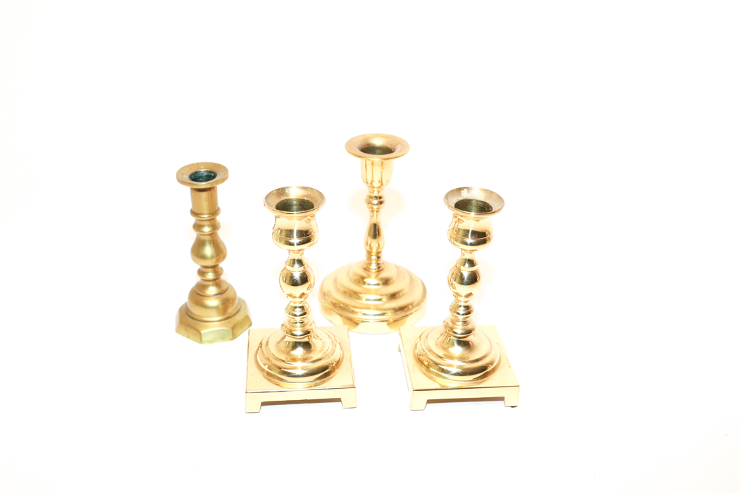 Vintage Brass Honey Pot and Brass Candlesticks