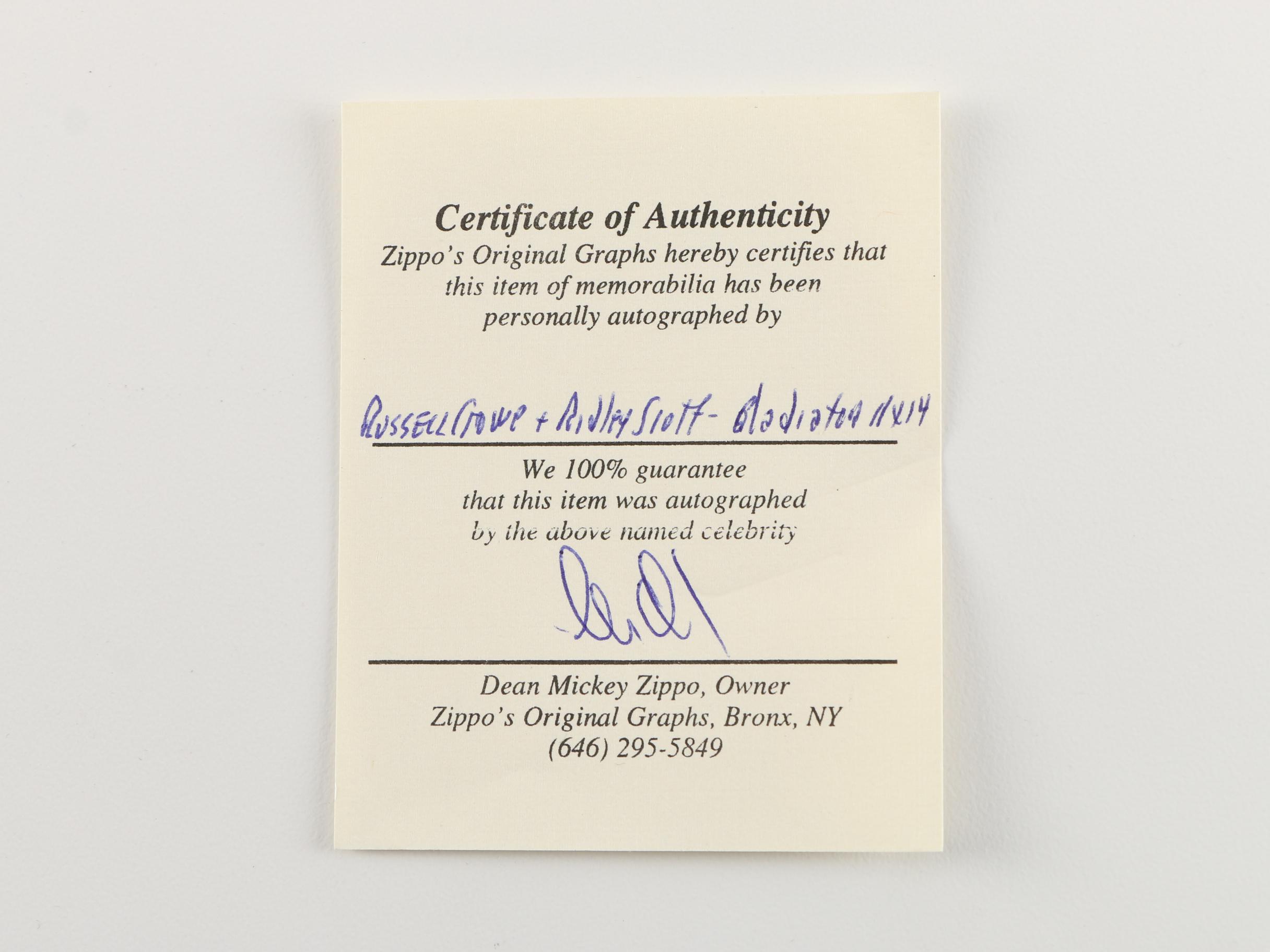 Russell Crowe and Ridley Scott Autographed "Gladiator" Photo