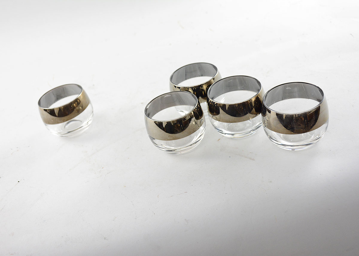 Five Mid-Century Dorothy Thorpe Style Silver Rimmed Glasses