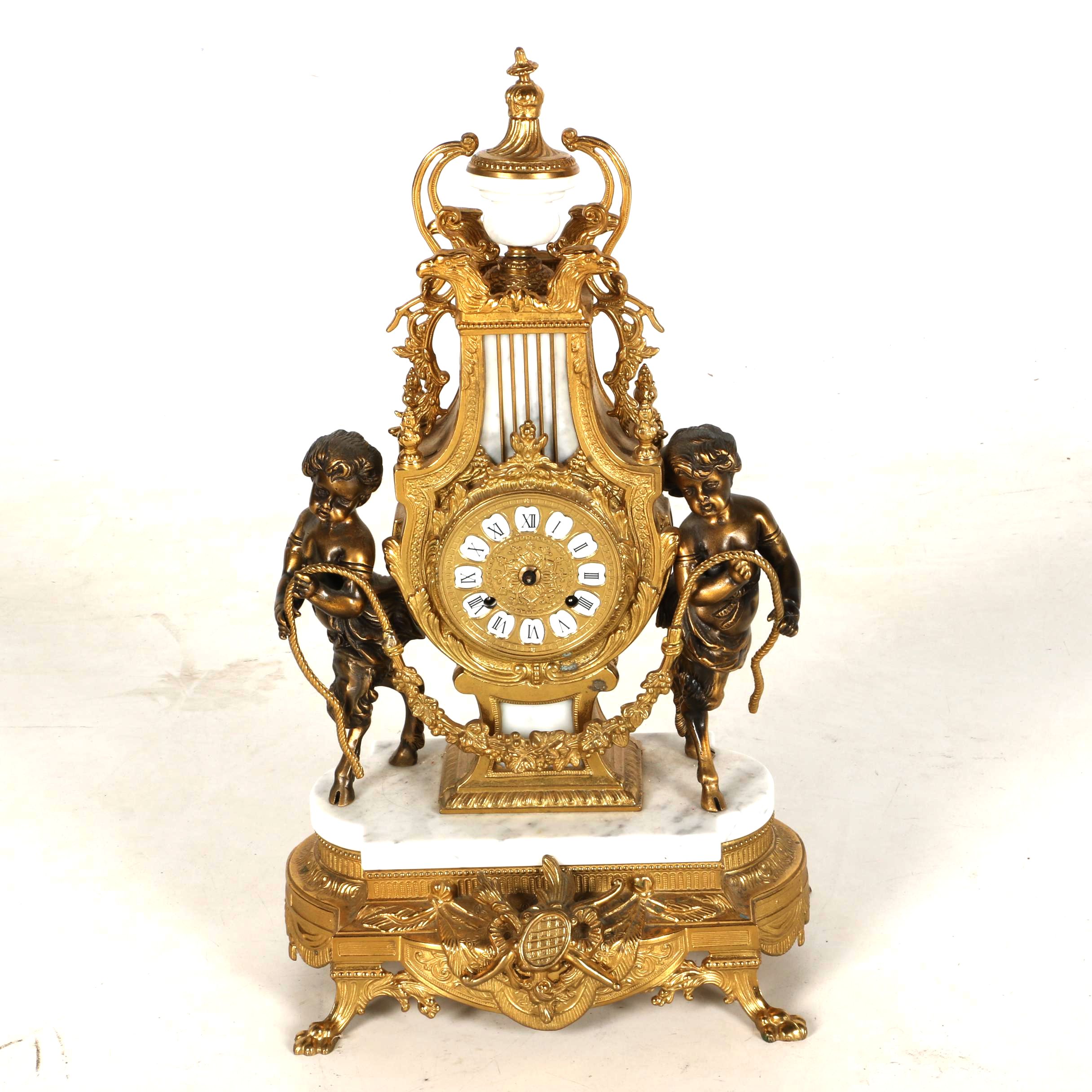 Lancini Italian Brass, Bronze, and Marble Mantle Clock