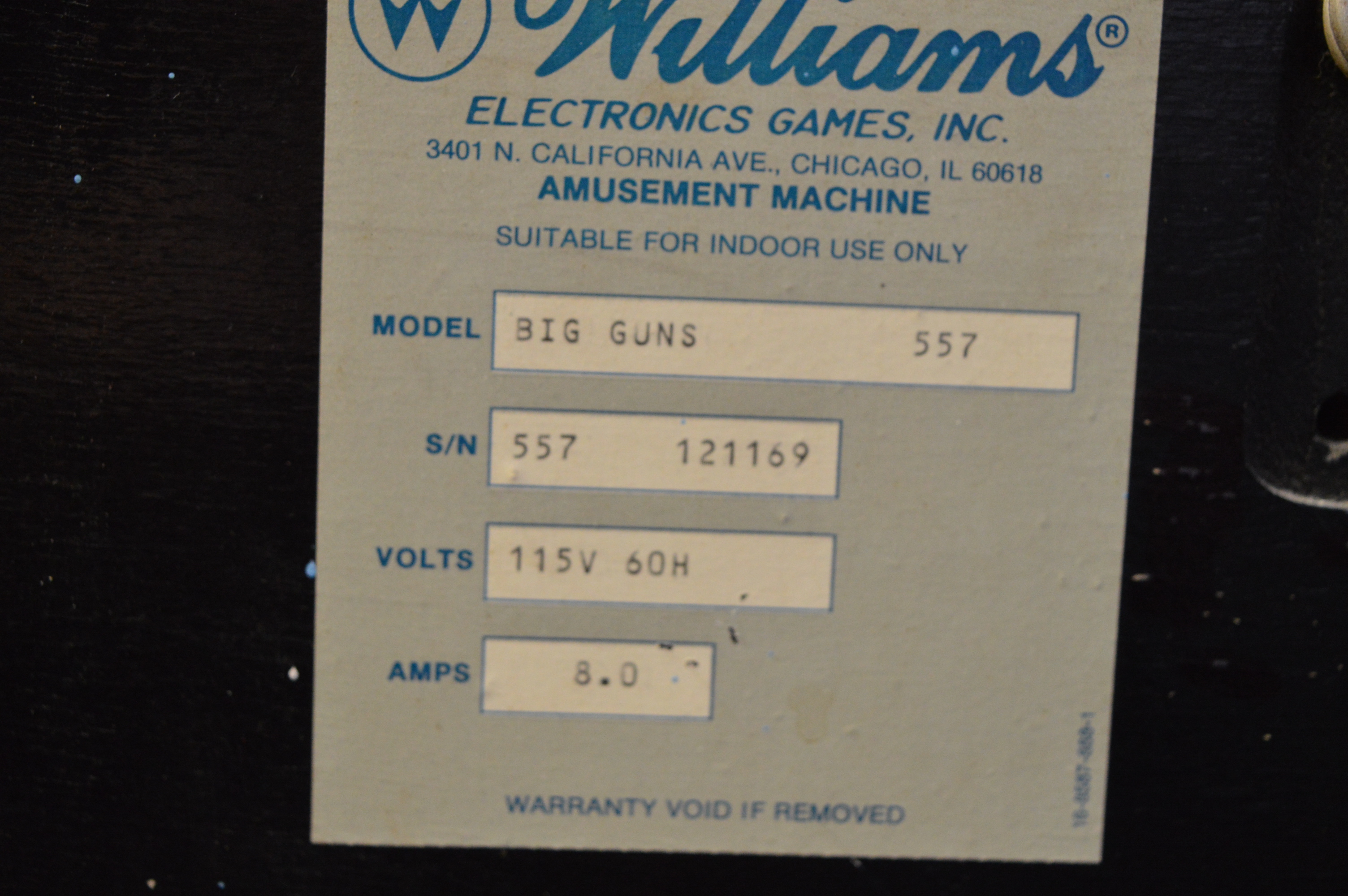 1987 Williams "Big Guns" Pinball Machine