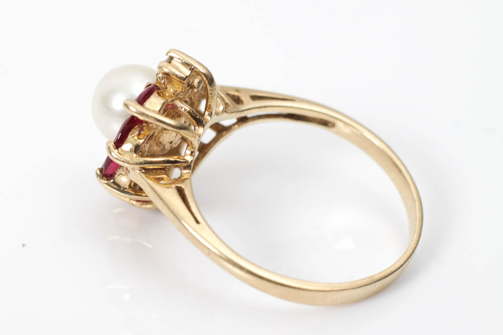 14K Gold, Diamond, Pearl and Ruby Ring