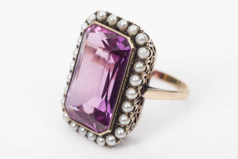 Vintage 10K Gold, Pink Sapphire and Seed Pearl Ring