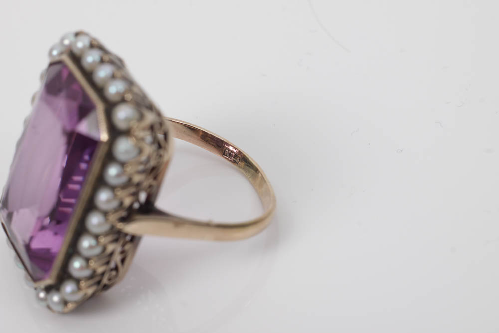 Vintage 10K Gold, Pink Sapphire and Seed Pearl Ring