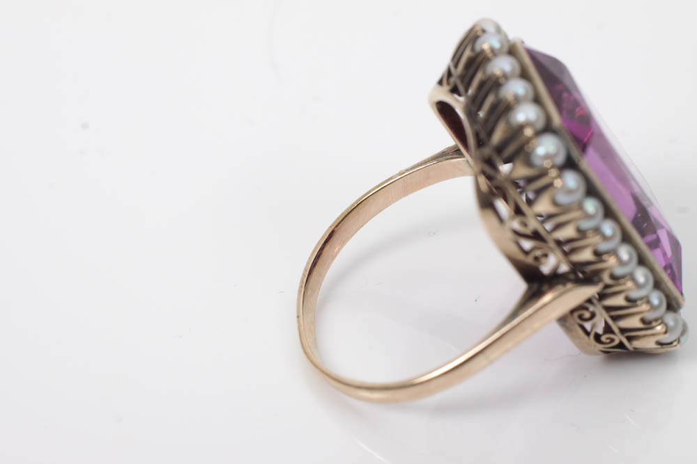 Vintage 10K Gold, Pink Sapphire and Seed Pearl Ring