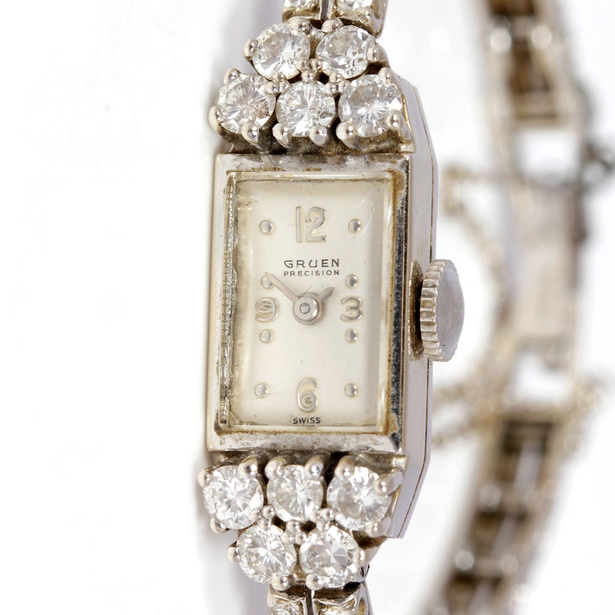 14K White Gold and Diamond Gruen Precision Women's Wristwatch
