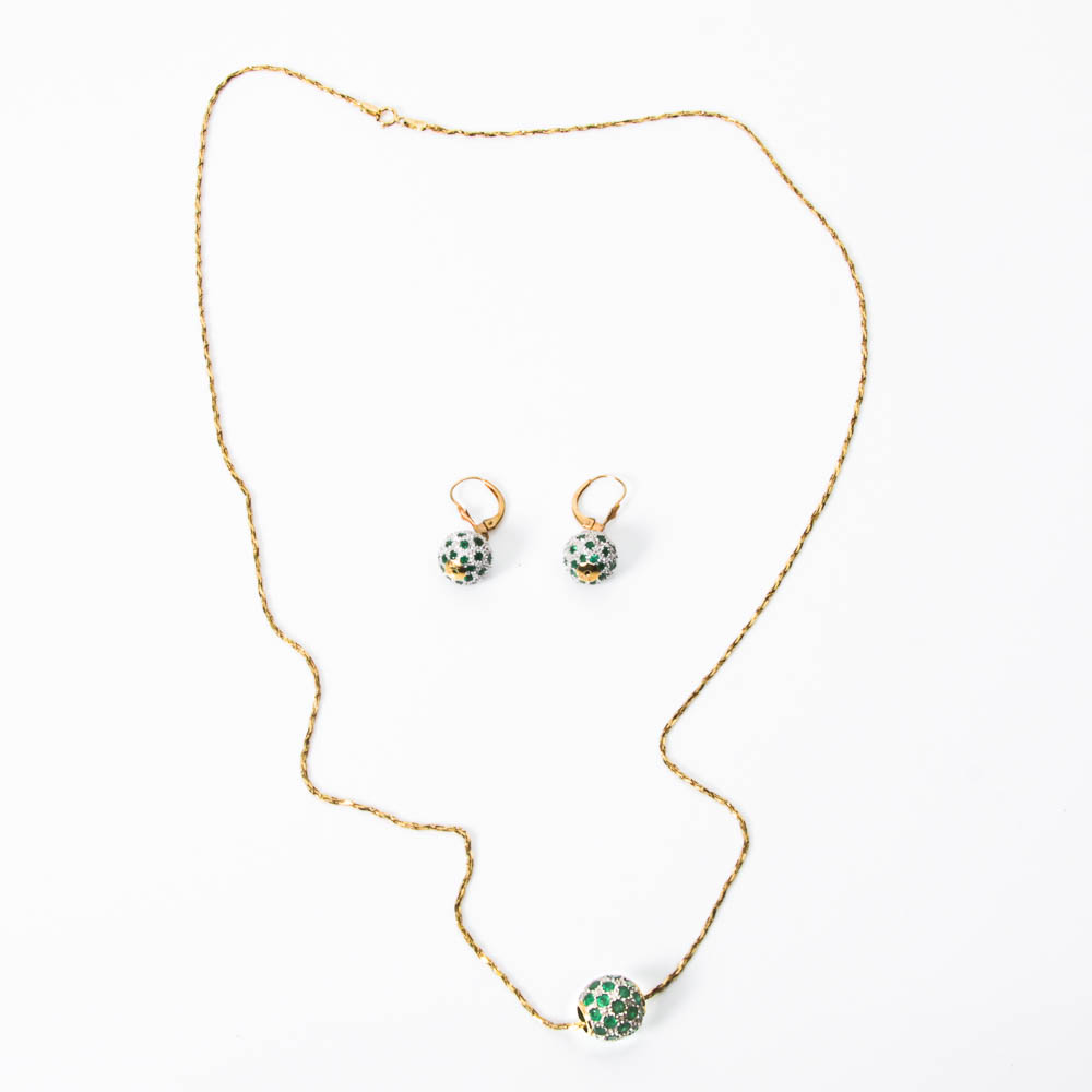 Gold and Emerald Neckace Pendant and Earring Set