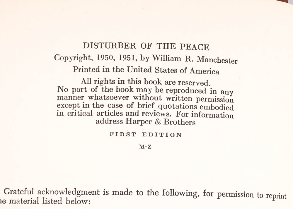 1951 First Edition "Disturber of the Peace, The Life and Riotous Times of H.L. Mencken" by William Manchester