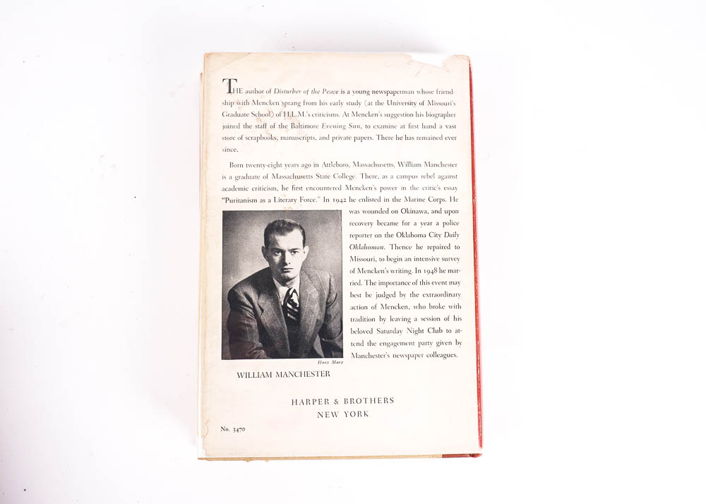 1951 First Edition "Disturber of the Peace, The Life and Riotous Times of H.L. Mencken" by William Manchester