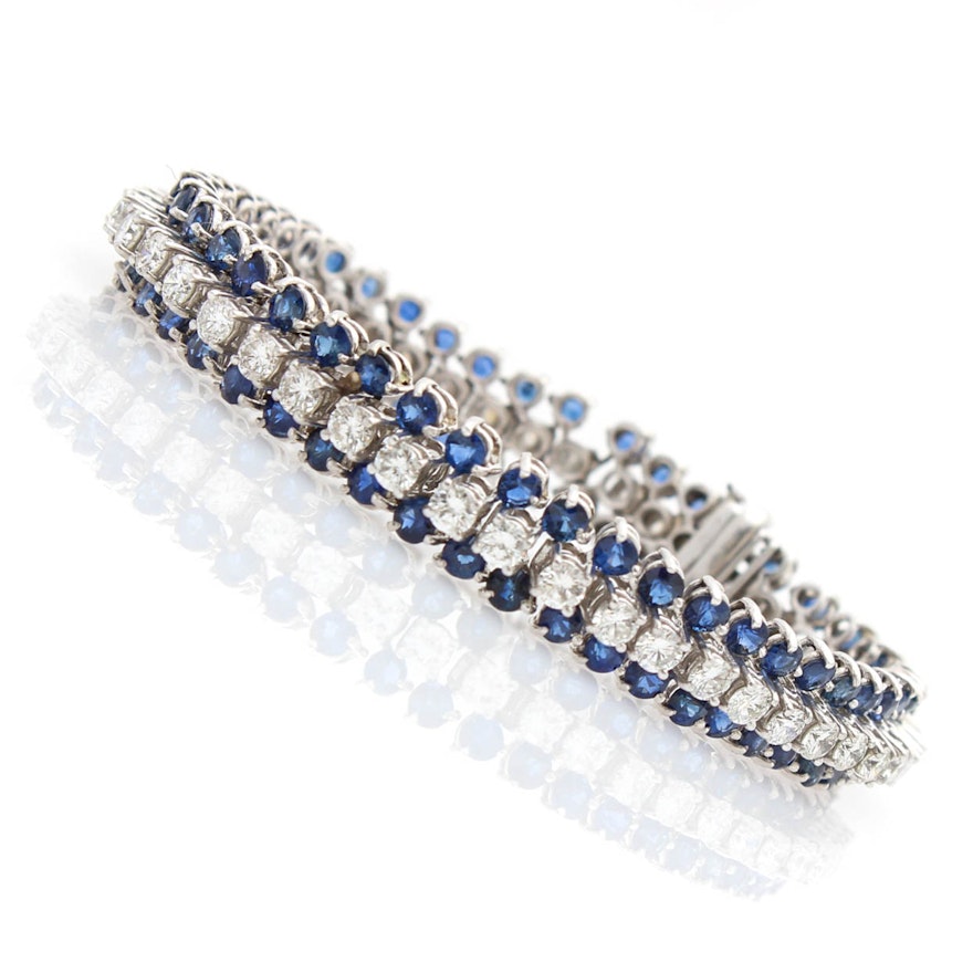 14K White Gold 5.00 CTW Diamond and 9.00 CTW Sapphire Tennis Bracelet