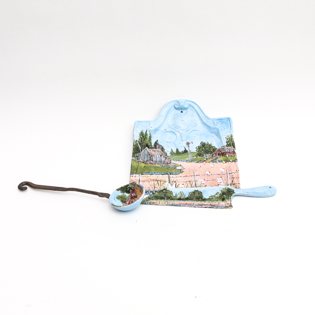 Victorian Era Hand Painted Ladle, Crumber and Crumb Tray