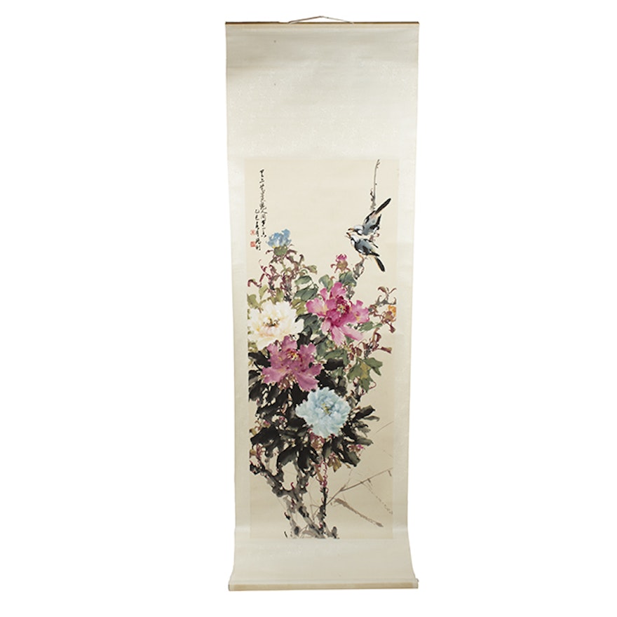 Chinese Watercolor Scroll on Silk by Zhou Mali