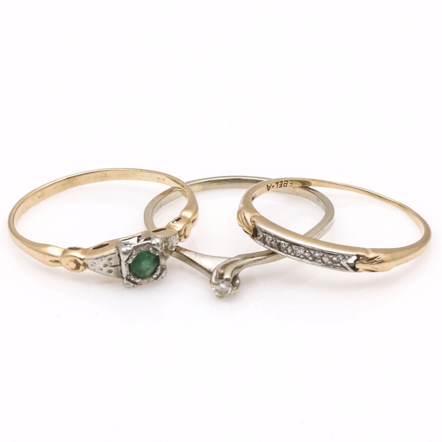 Three 14K Gold Diamond and Emerald Rings