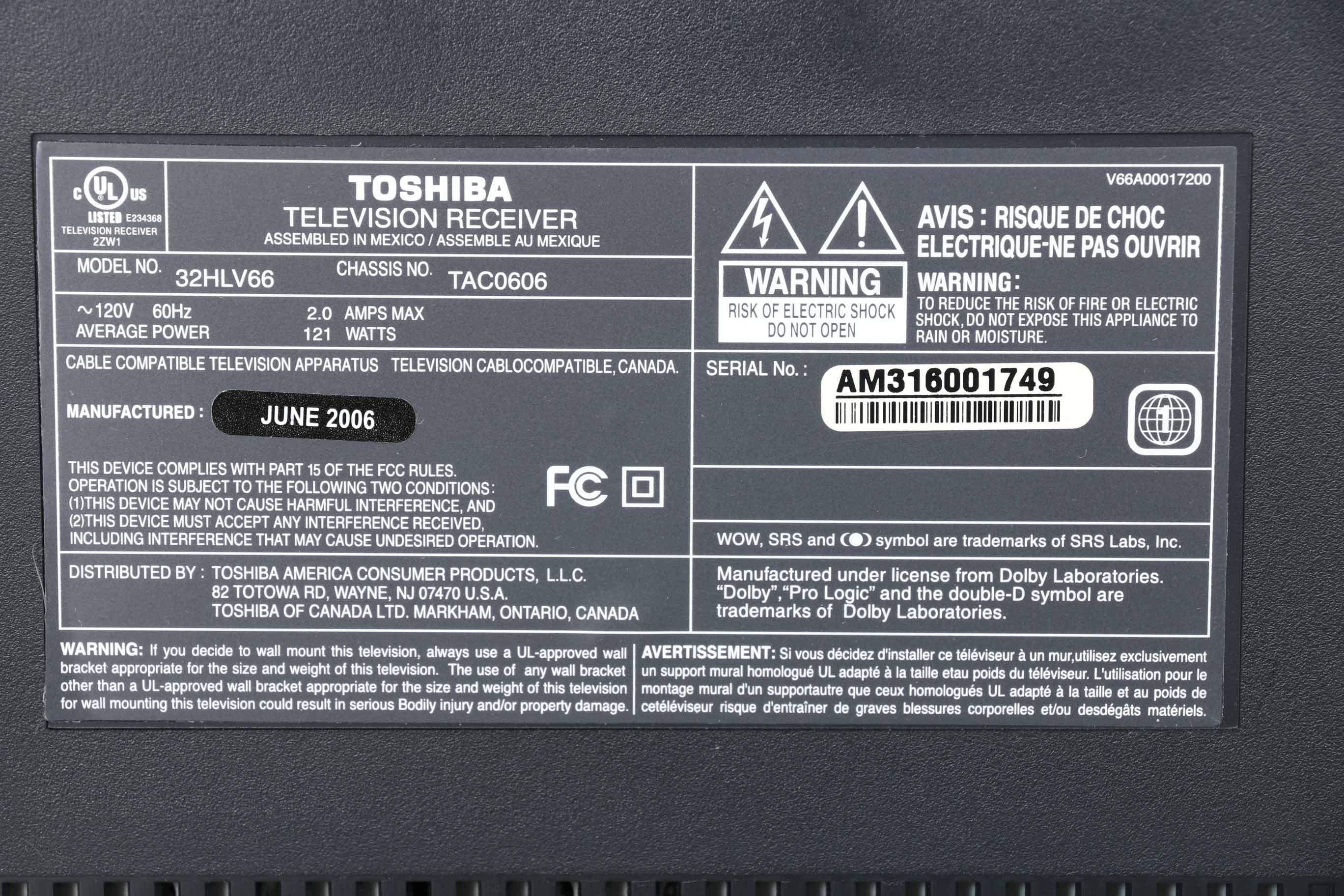 Toshiba "Regza" Flat Screen Television With Built-In DVD Player