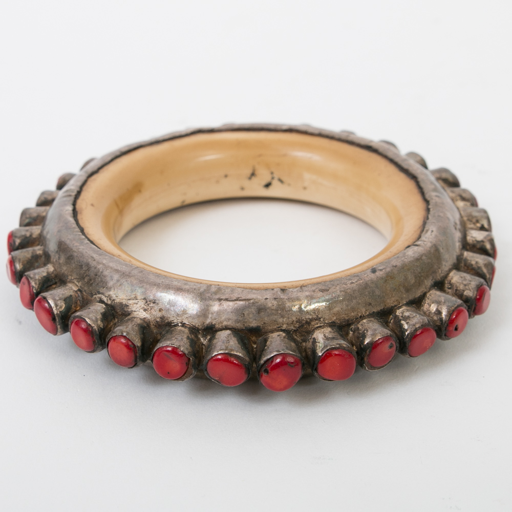 Antique Tibetan Sterling Silver and Bone Bangle