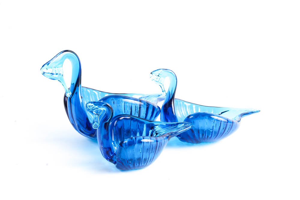 Three Cobalt Blue Glass Swan Dishes