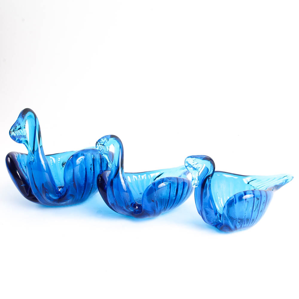 Three Cobalt Blue Glass Swan Dishes