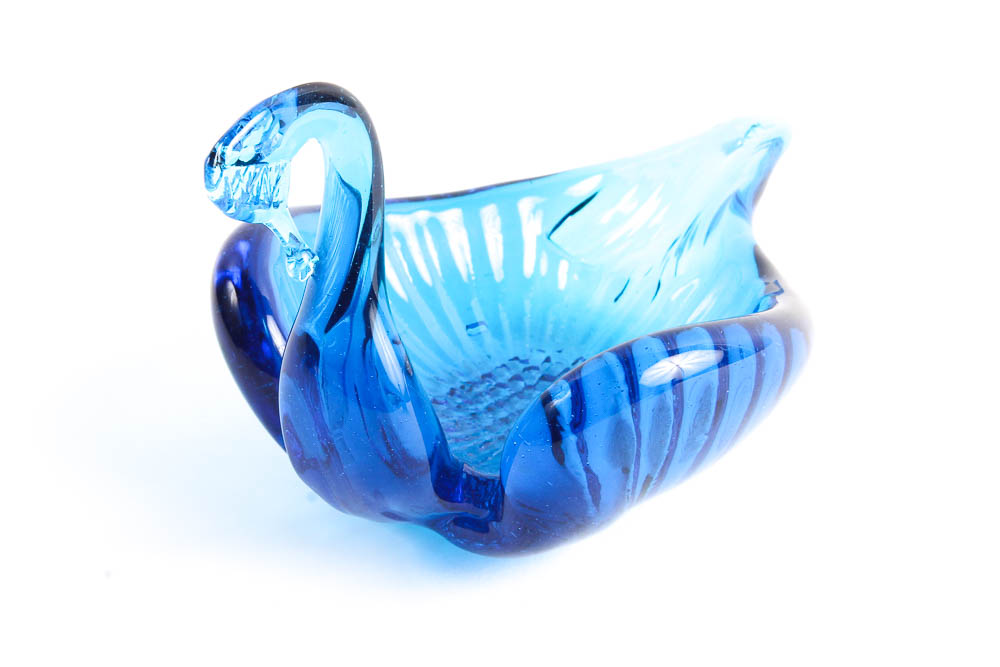 Three Cobalt Blue Glass Swan Dishes