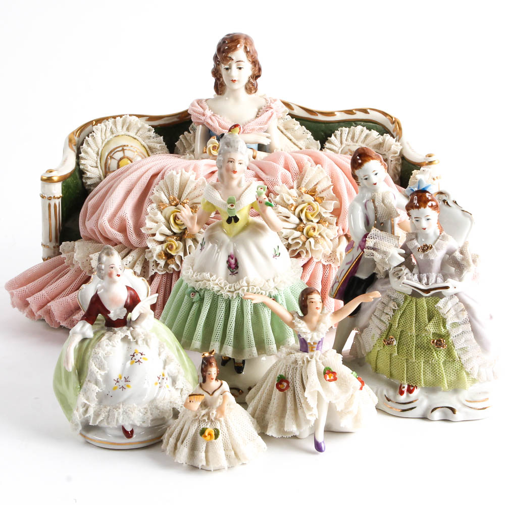 Dresden Porcelain Figurines with Fabric Detailing