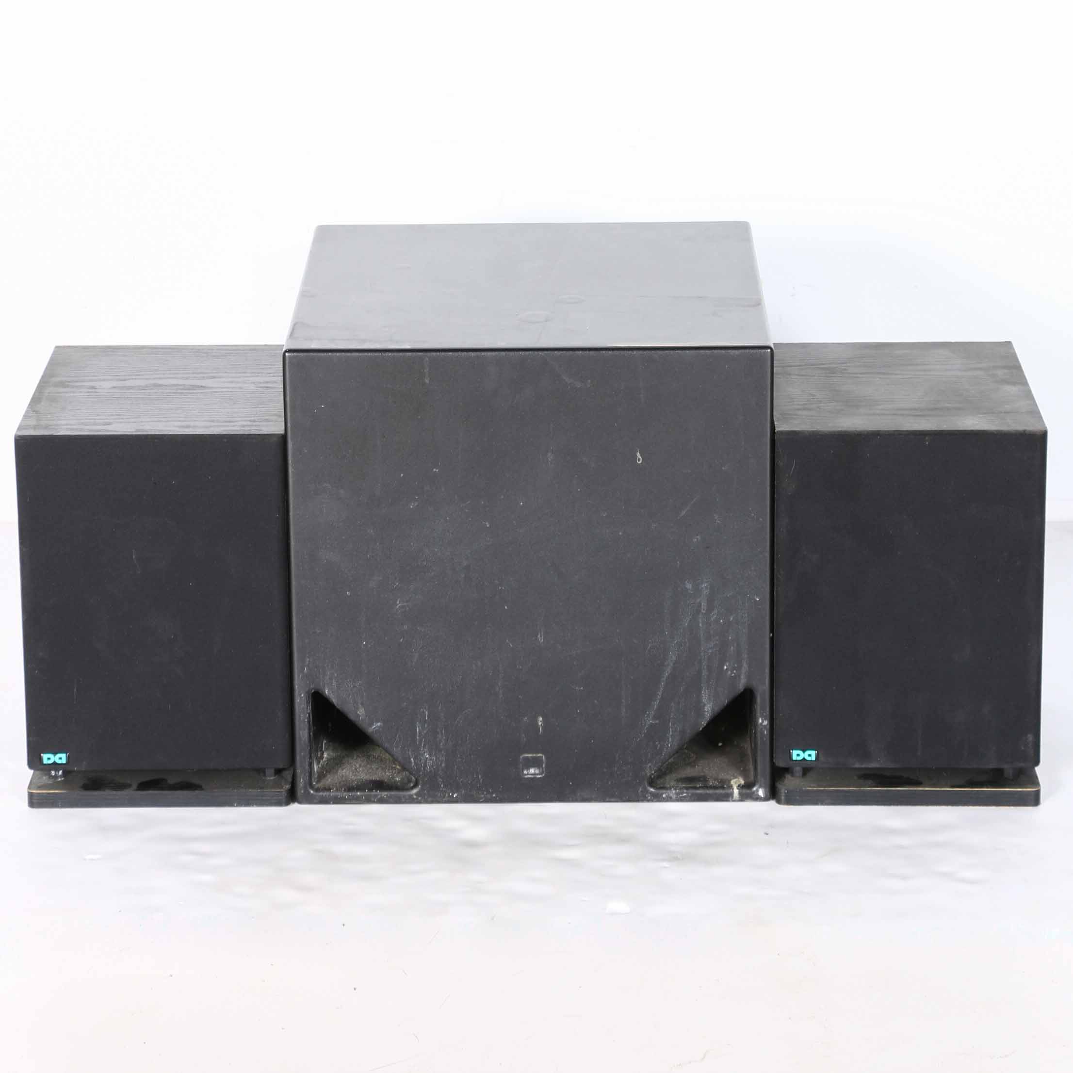 Black ADS Powered Subwoofer and Design Acoustics Speakers