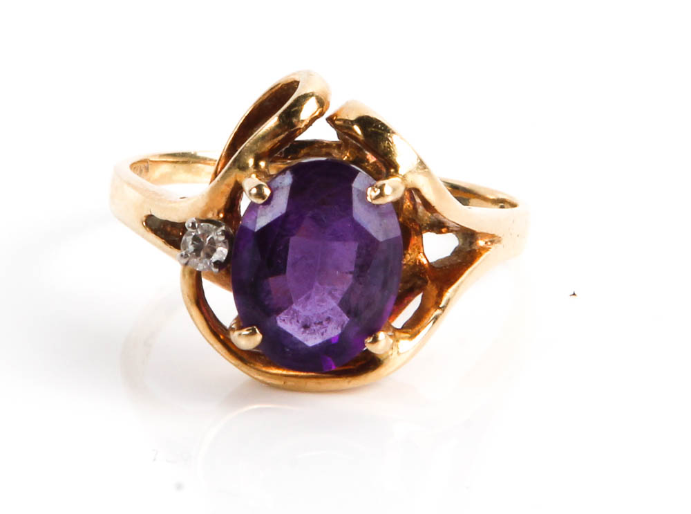 14K Gold, Amethyst and Diamond Ring