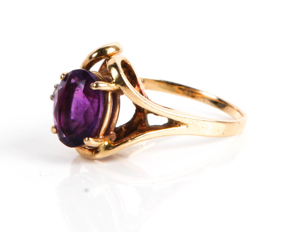 14K Gold, Amethyst and Diamond Ring