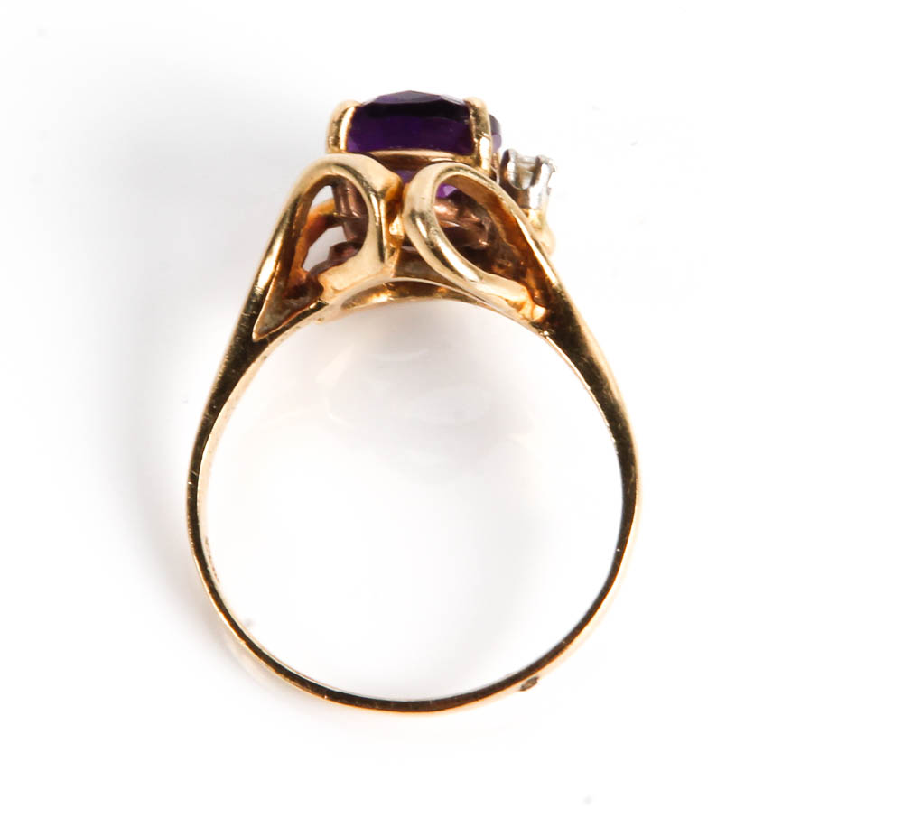 14K Gold, Amethyst and Diamond Ring