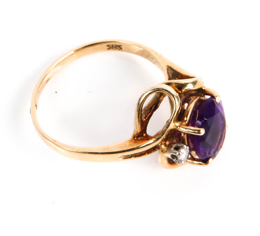 14K Gold, Amethyst and Diamond Ring