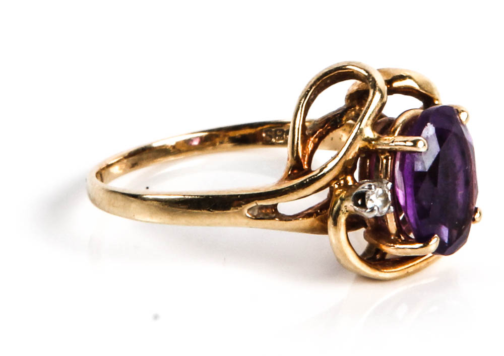 14K Gold, Amethyst and Diamond Ring