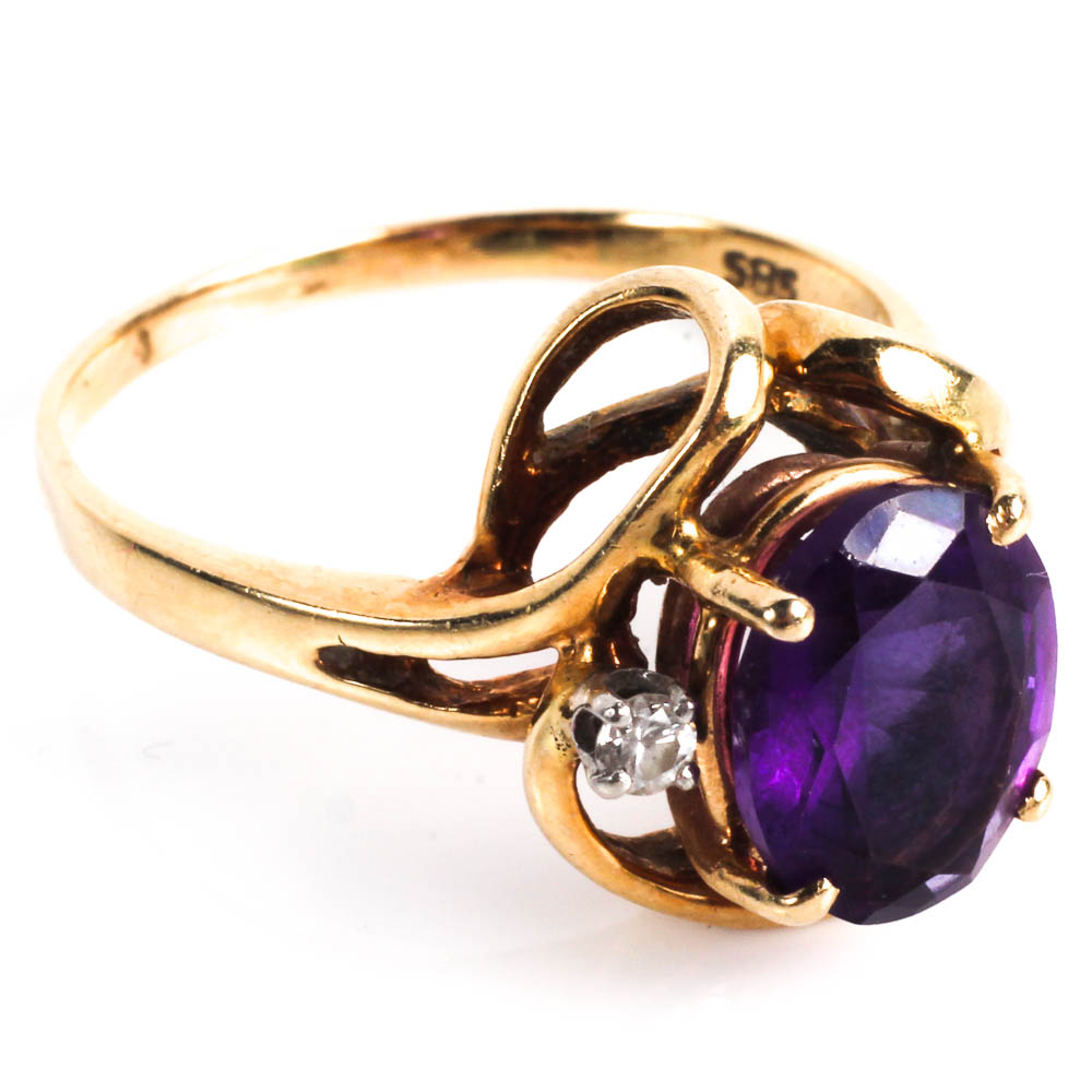 14K Gold, Amethyst and Diamond Ring