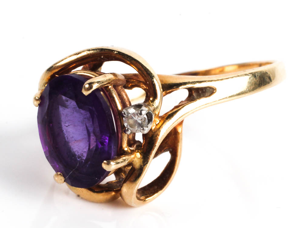 14K Gold, Amethyst and Diamond Ring