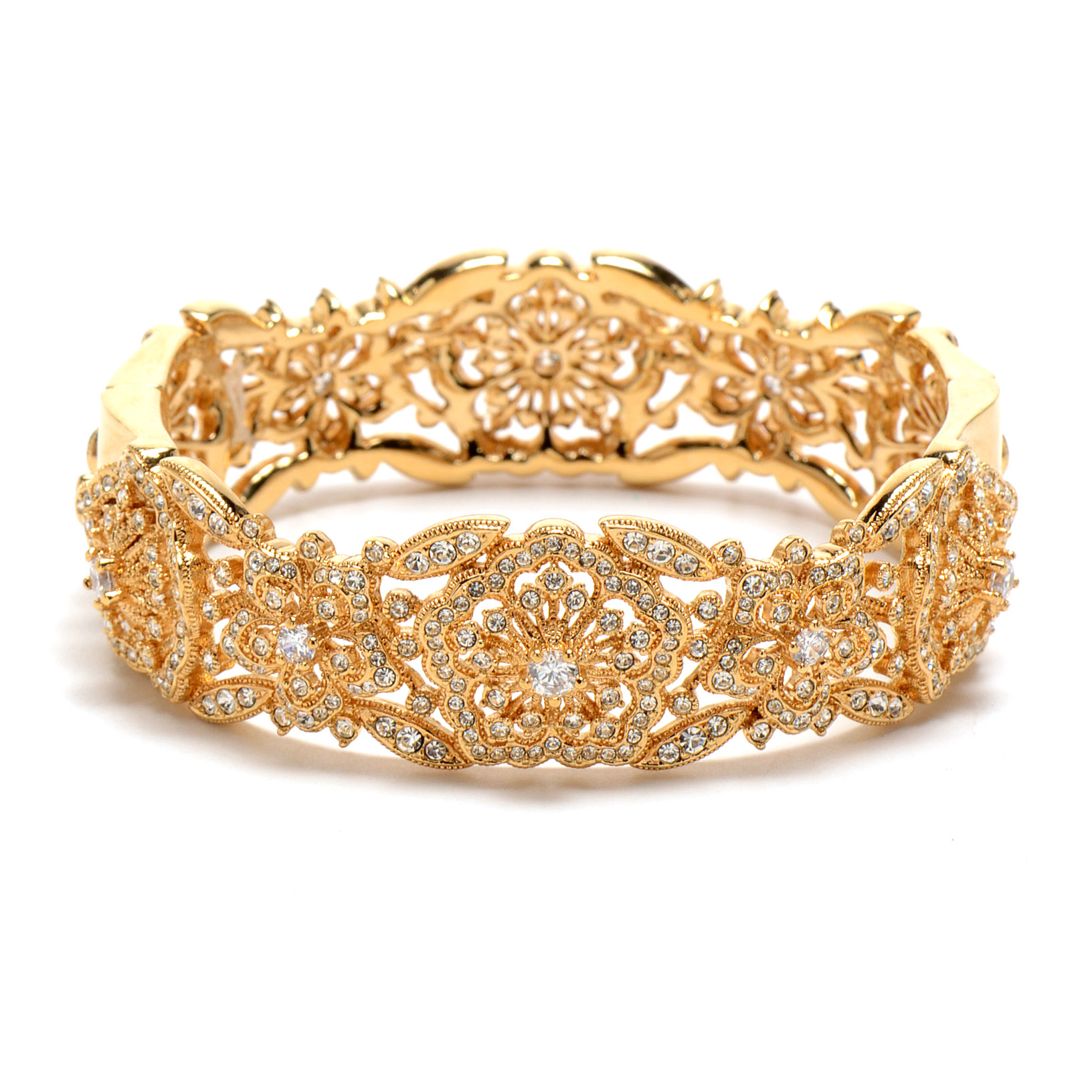 Gold Tone Metal and Rhinestone Hinged Bangle