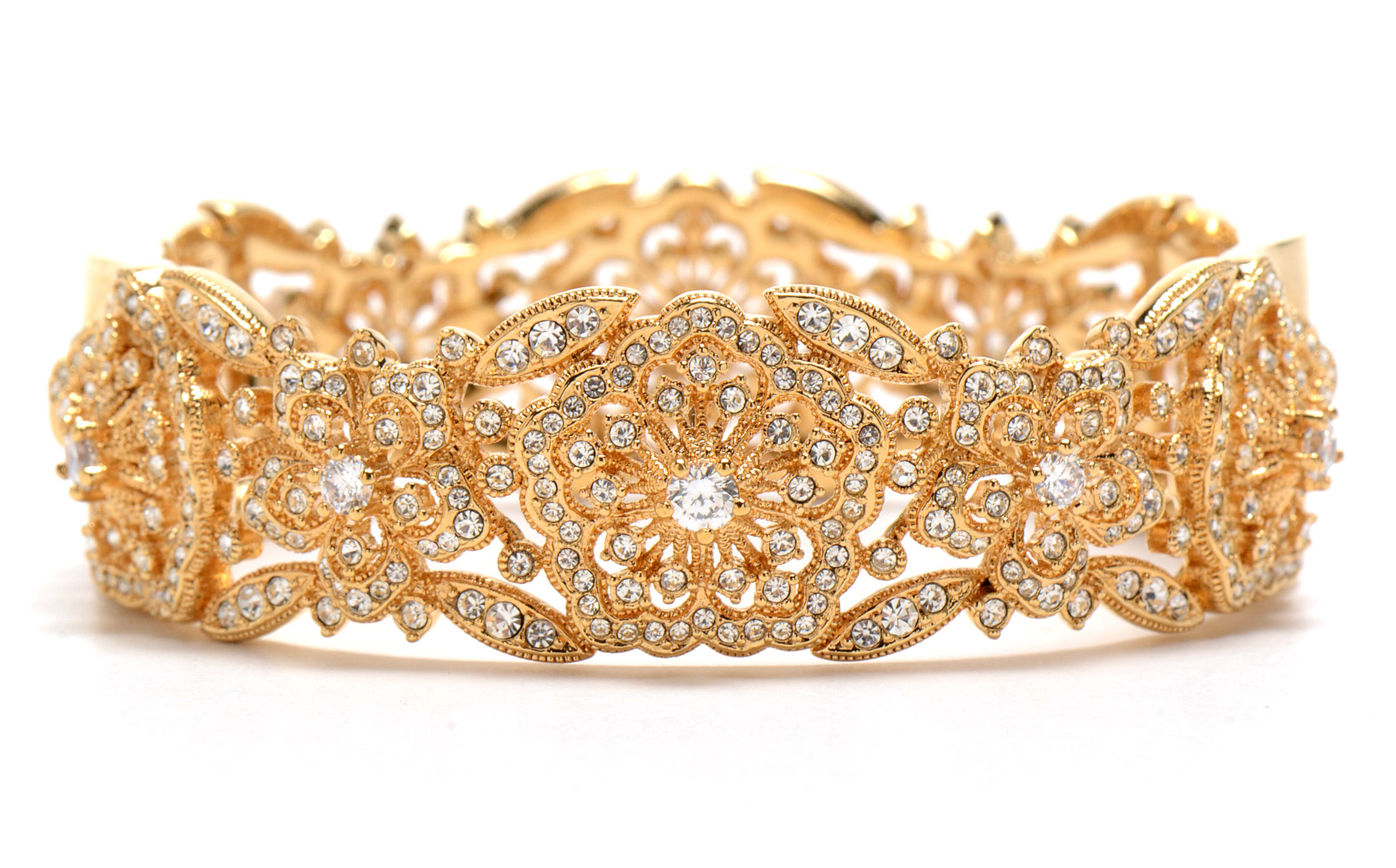 Gold Tone Metal and Rhinestone Hinged Bangle