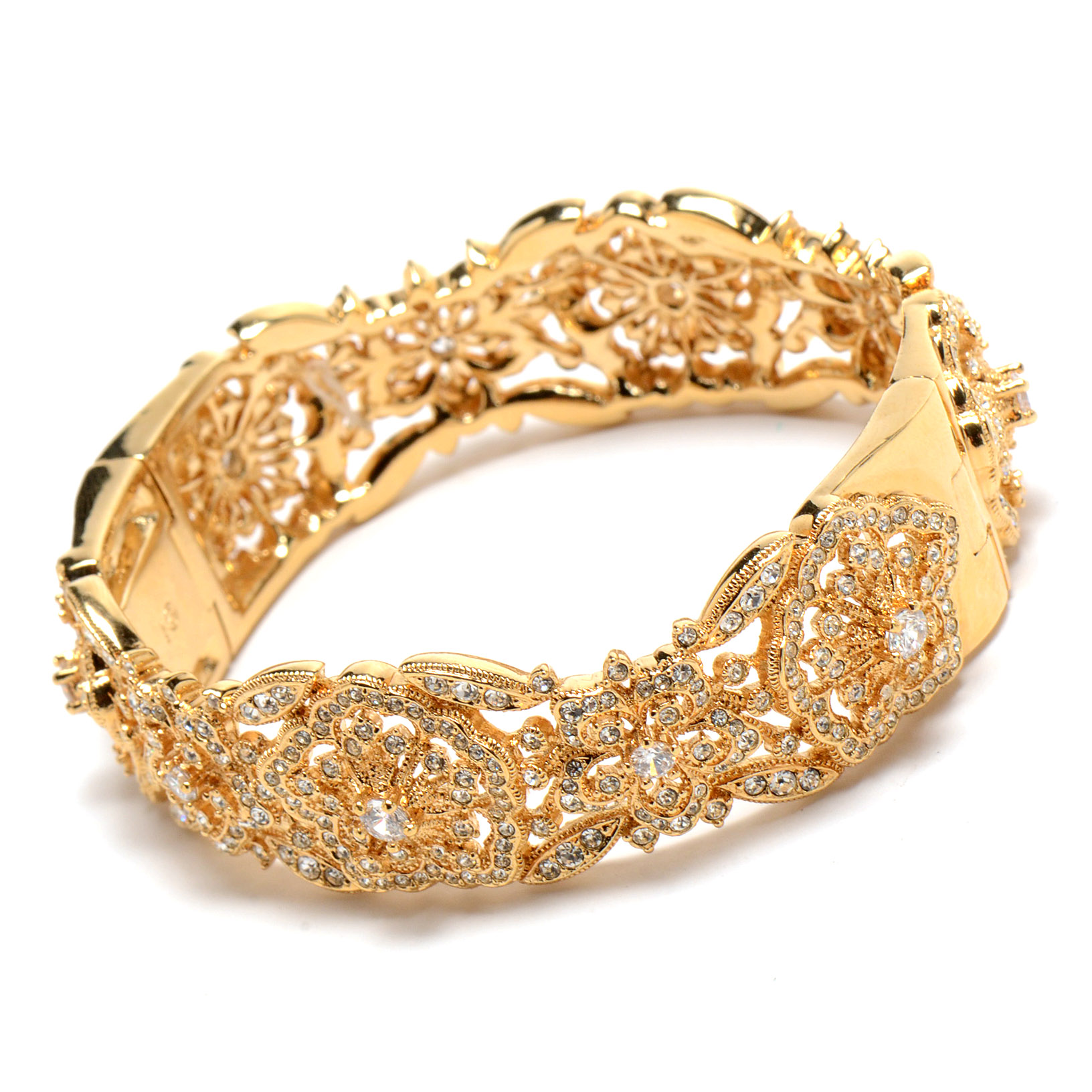 Gold Tone Metal and Rhinestone Hinged Bangle