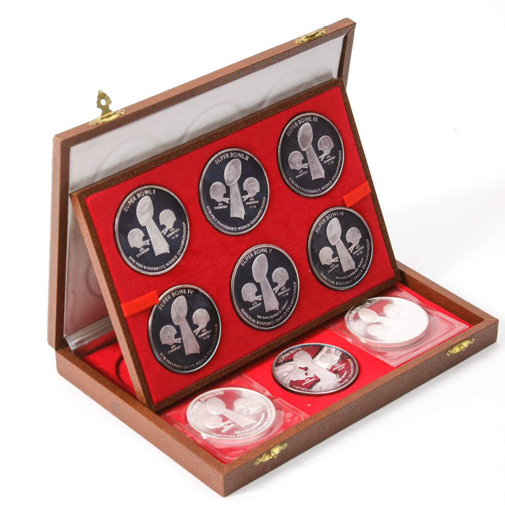 Boxed Set of Pure Silver Minted Original NFL Super Bowl Medals