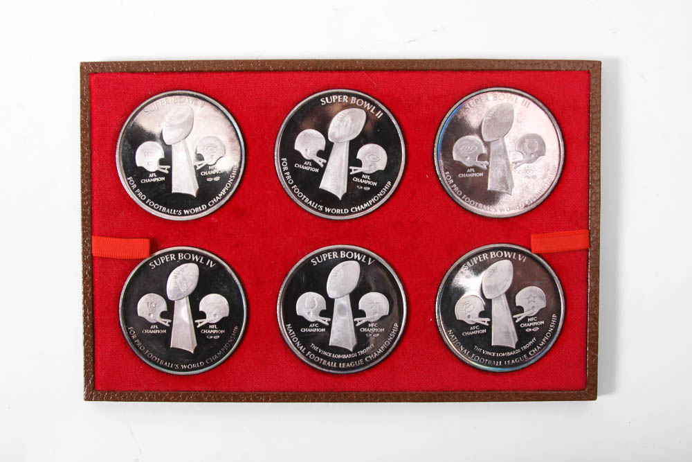 Boxed Set of Pure Silver Minted Original NFL Super Bowl Medals