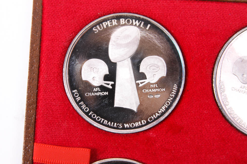 Boxed Set of Pure Silver Minted Original NFL Super Bowl Medals
