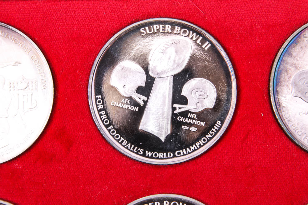 Boxed Set of Pure Silver Minted Original NFL Super Bowl Medals