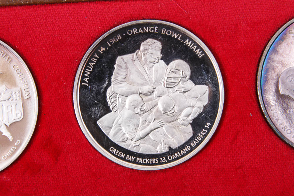 Boxed Set of Pure Silver Minted Original NFL Super Bowl Medals