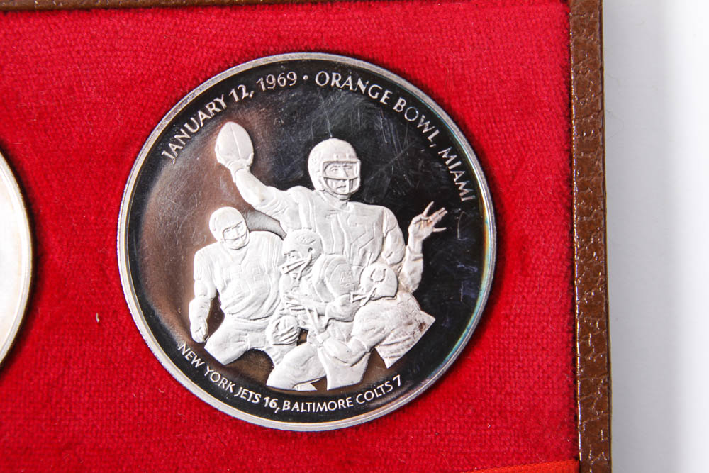 Boxed Set of Pure Silver Minted Original NFL Super Bowl Medals