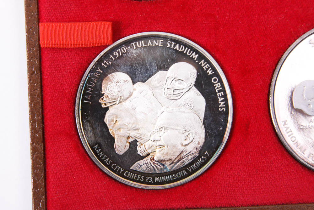 Boxed Set of Pure Silver Minted Original NFL Super Bowl Medals