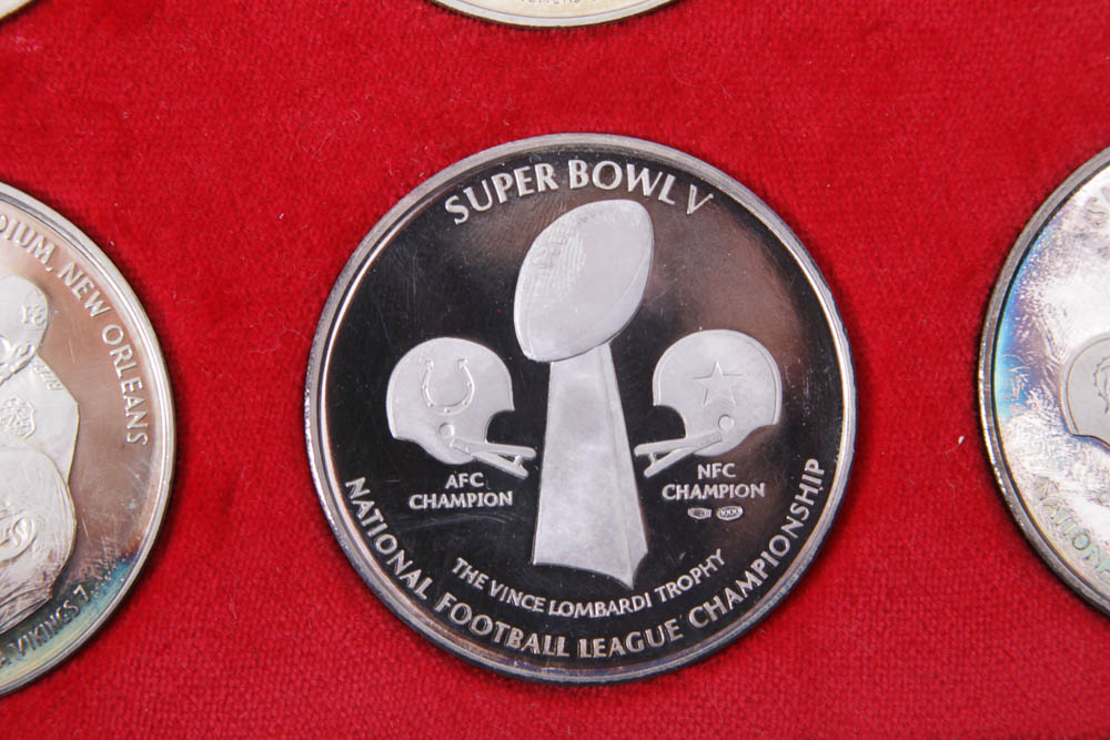Boxed Set of Pure Silver Minted Original NFL Super Bowl Medals
