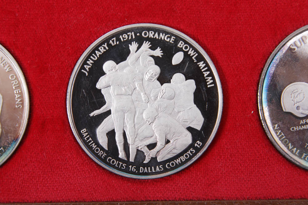 Boxed Set of Pure Silver Minted Original NFL Super Bowl Medals