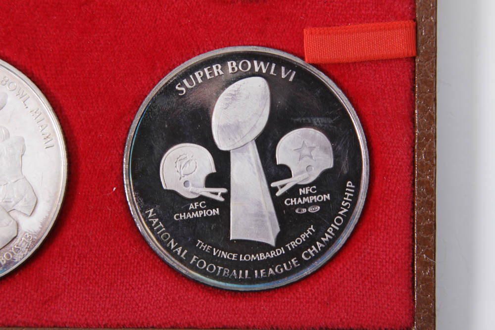 Boxed Set of Pure Silver Minted Original NFL Super Bowl Medals