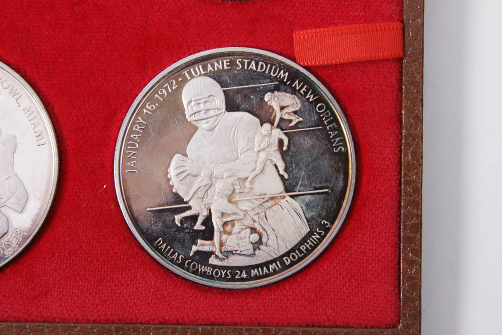 Boxed Set of Pure Silver Minted Original NFL Super Bowl Medals